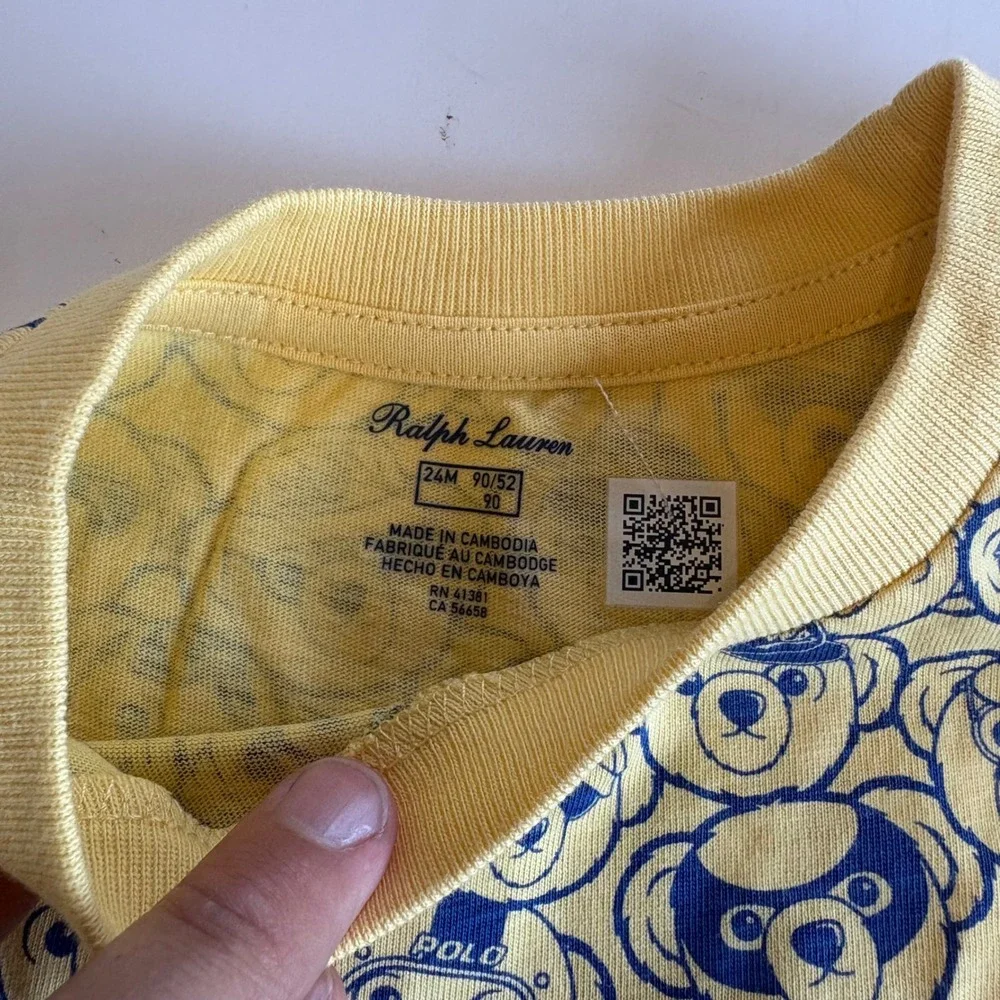 Ralph Lauren Polo Bear T-Shirt Yellow Blue Graphic Tee Toddler‎ 24M Allover NWT